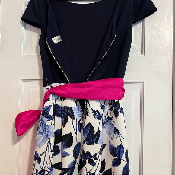 #127 ELIZA J FLORAL NAVY AND PINK TEA LENGTH DRESS 10 - Picture 3 of 6